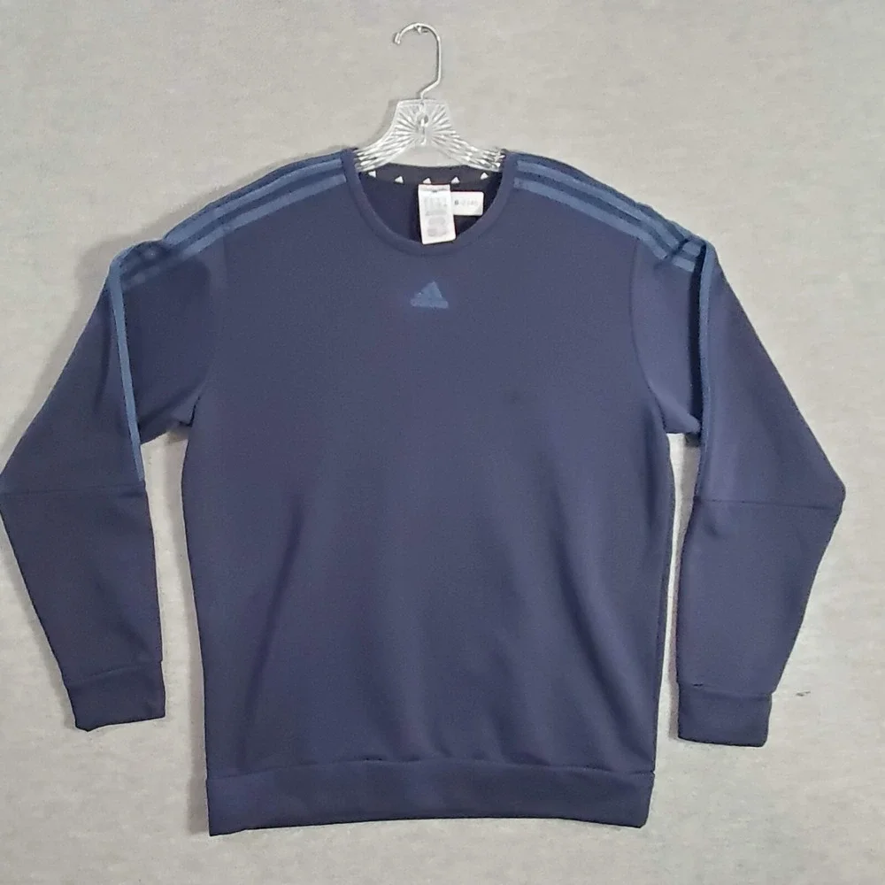 Adidas Men Sweater Large Blue Logo Three Stripe Crew Neck Long Sleeve READ